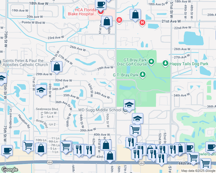 map of restaurants, bars, coffee shops, grocery stores, and more near 5909 30th Avenue West in Bradenton