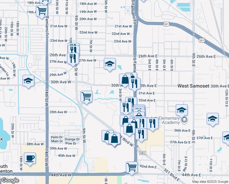 map of restaurants, bars, coffee shops, grocery stores, and more near 3011 3rd Street West in Bradenton