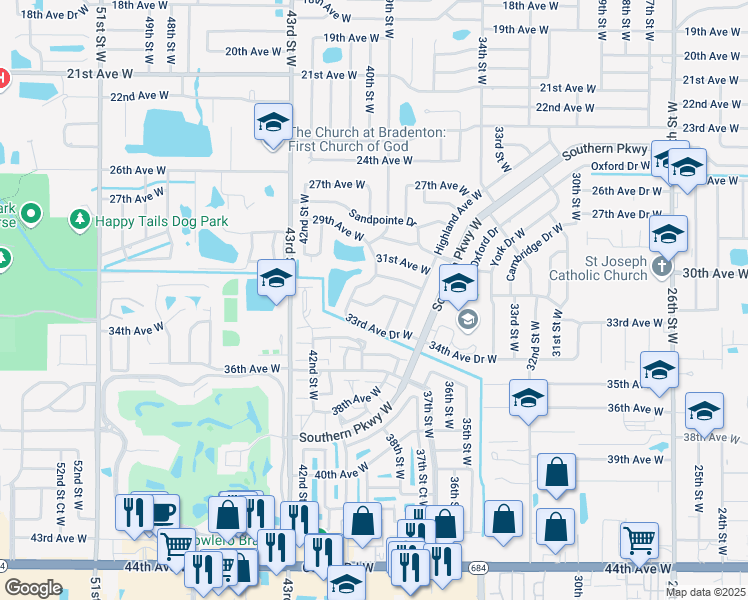 map of restaurants, bars, coffee shops, grocery stores, and more near 3806 33rd Avenue West in Bradenton