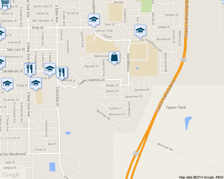 map of restaurants, bars, coffee shops, grocery stores, and more near 3616 Sereno Drive in Laredo