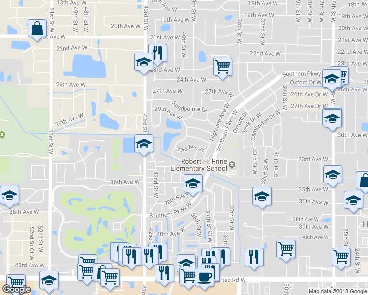 map of restaurants, bars, coffee shops, grocery stores, and more near 3806 33rd Avenue West in Bradenton