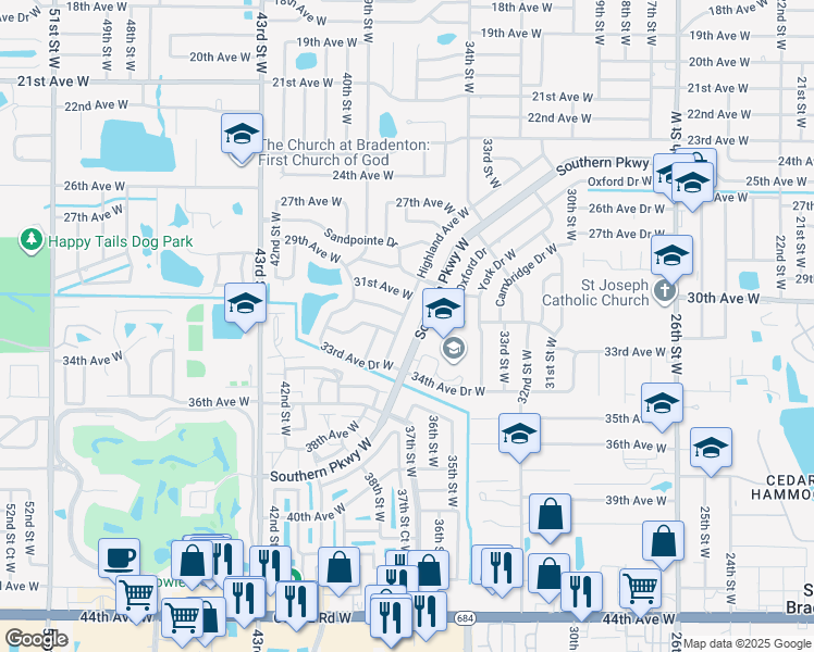 map of restaurants, bars, coffee shops, grocery stores, and more near 3913 Highland Avenue West in Bradenton