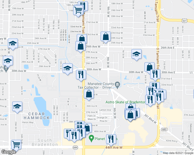 map of restaurants, bars, coffee shops, grocery stores, and more near 3104 11th Street West in Bradenton