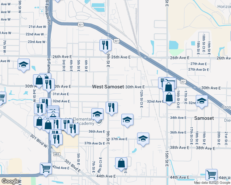 map of restaurants, bars, coffee shops, grocery stores, and more near 921 31st Avenue East in Bradenton