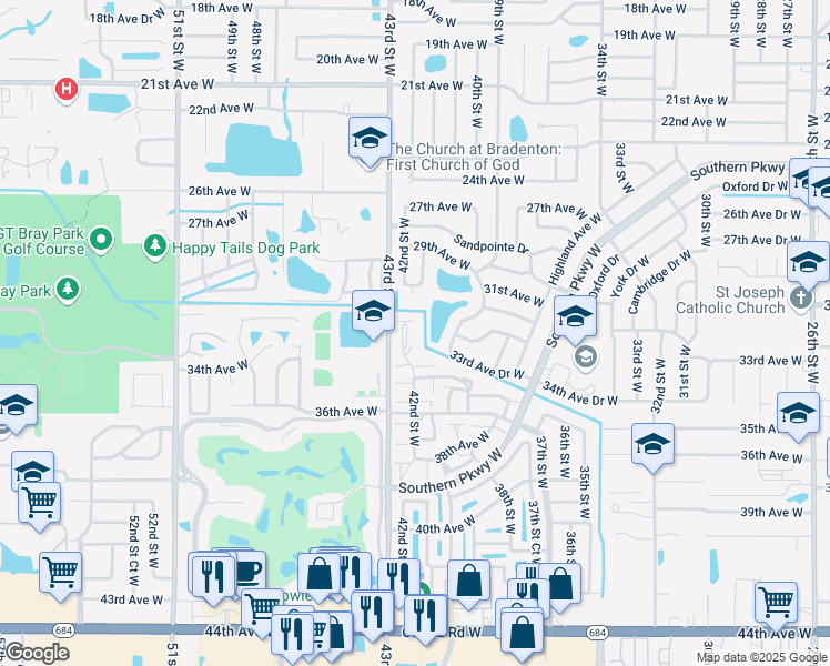 map of restaurants, bars, coffee shops, grocery stores, and more near 3207 42nd Street West in Bradenton