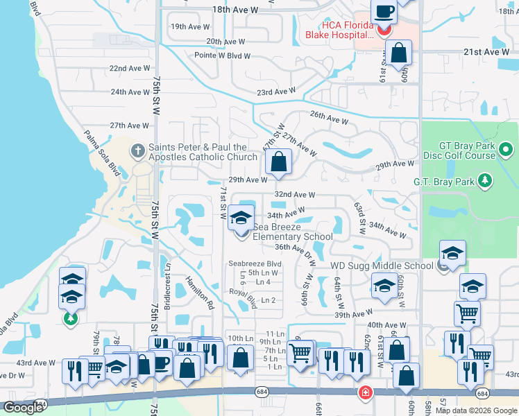 map of restaurants, bars, coffee shops, grocery stores, and more near 3302 69th Street West in Bradenton