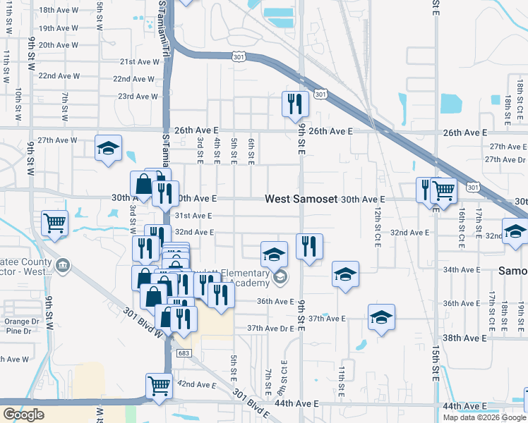 map of restaurants, bars, coffee shops, grocery stores, and more near 619 31st Avenue East in Bradenton