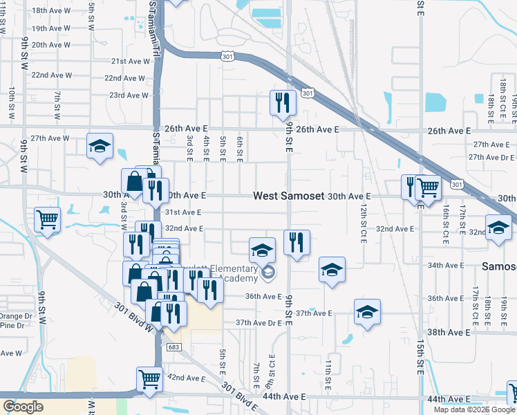 map of restaurants, bars, coffee shops, grocery stores, and more near 619 31st Avenue East in Bradenton