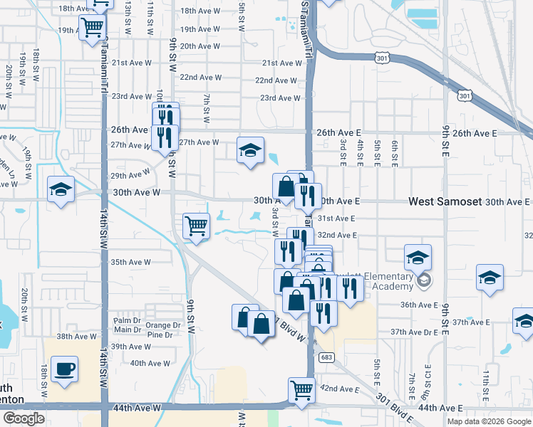 map of restaurants, bars, coffee shops, grocery stores, and more near 3011 3rd Street West in Bradenton