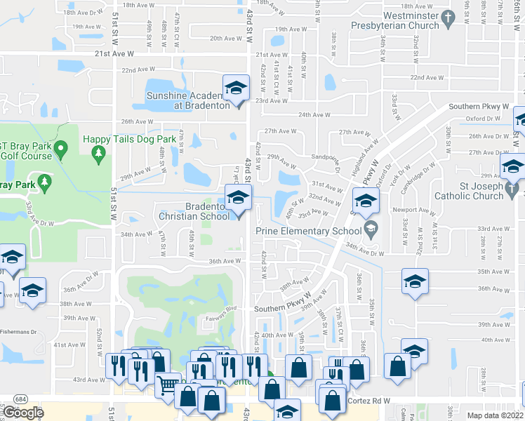 map of restaurants, bars, coffee shops, grocery stores, and more near 3207 42nd Street West in Bradenton