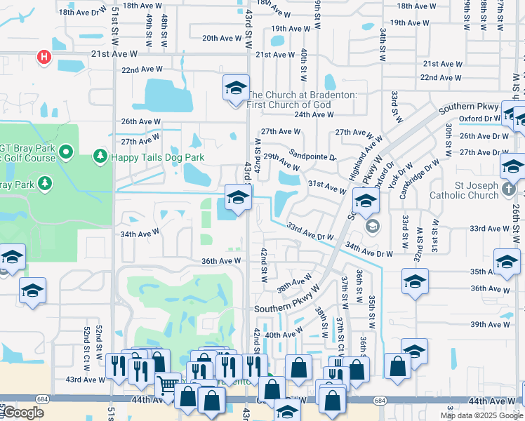 map of restaurants, bars, coffee shops, grocery stores, and more near 3207 42nd Street West in Bradenton