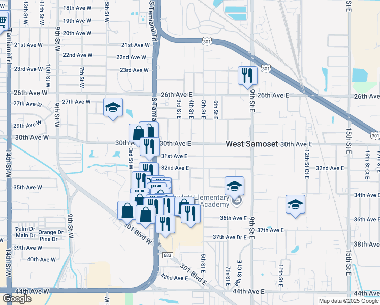 map of restaurants, bars, coffee shops, grocery stores, and more near 307 31st Avenue East in Bradenton