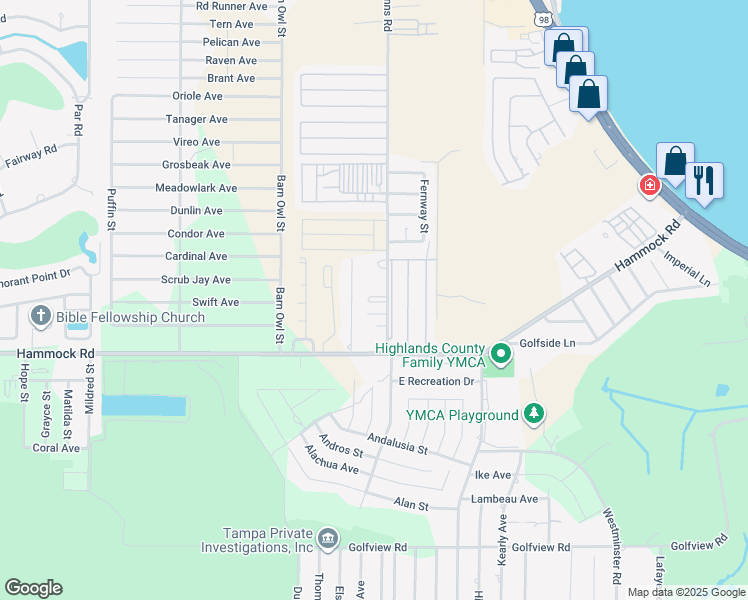 map of restaurants, bars, coffee shops, grocery stores, and more near 2876 Louis Street in Sebring