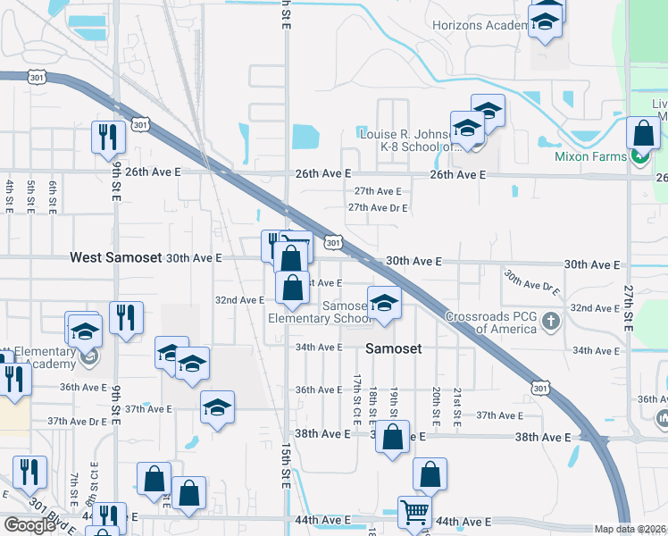 map of restaurants, bars, coffee shops, grocery stores, and more near 3029 16th Street Court East in Bradenton
