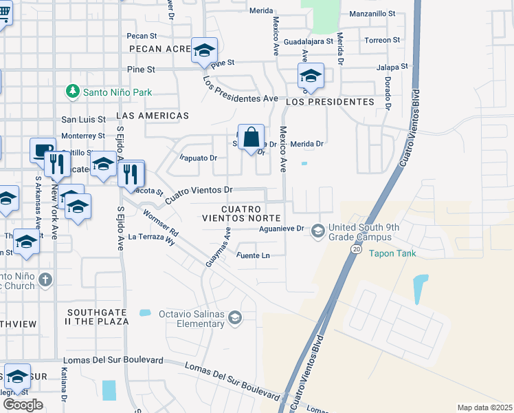 map of restaurants, bars, coffee shops, grocery stores, and more near 3616 Sereno in Laredo