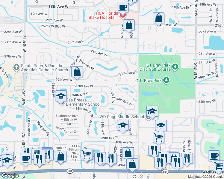map of restaurants, bars, coffee shops, grocery stores, and more near 3212 63rd Street West in Bradenton