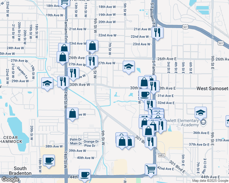 map of restaurants, bars, coffee shops, grocery stores, and more near 625 30th Avenue West in Bradenton