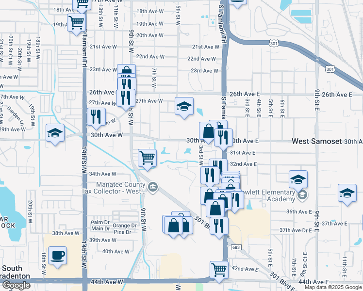 map of restaurants, bars, coffee shops, grocery stores, and more near 435 30th Avenue West in Bradenton