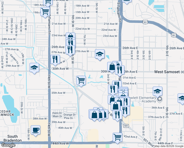 map of restaurants, bars, coffee shops, grocery stores, and more near 435 30th Avenue West in Bradenton