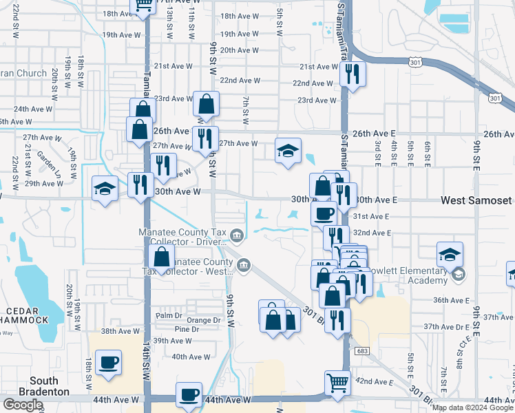 map of restaurants, bars, coffee shops, grocery stores, and more near 820 31st Avenue West in Bradenton