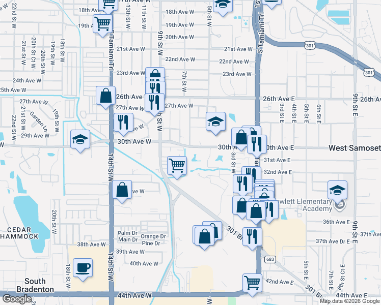 map of restaurants, bars, coffee shops, grocery stores, and more near 820 31st Avenue West in Bradenton