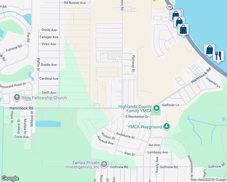 map of restaurants, bars, coffee shops, grocery stores, and more near 2906 Wallace Drive in Sebring