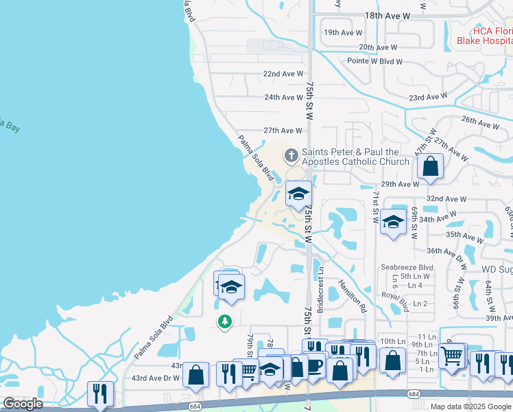map of restaurants, bars, coffee shops, grocery stores, and more near 75TH Strand Circle in Bradenton