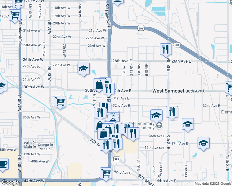 map of restaurants, bars, coffee shops, grocery stores, and more near 213 31st Avenue East in Bradenton