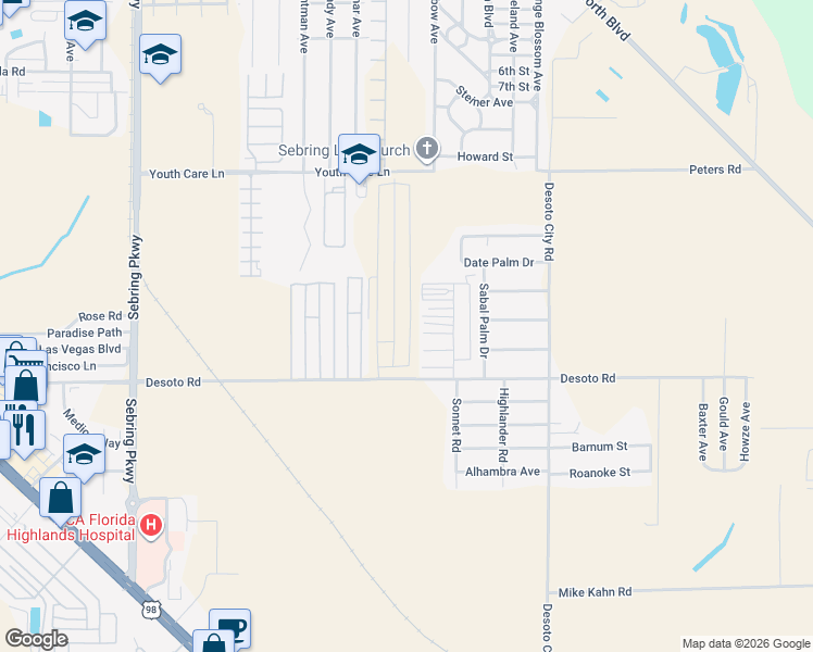 map of restaurants, bars, coffee shops, grocery stores, and more near 4100 Desoto Road in Sebring