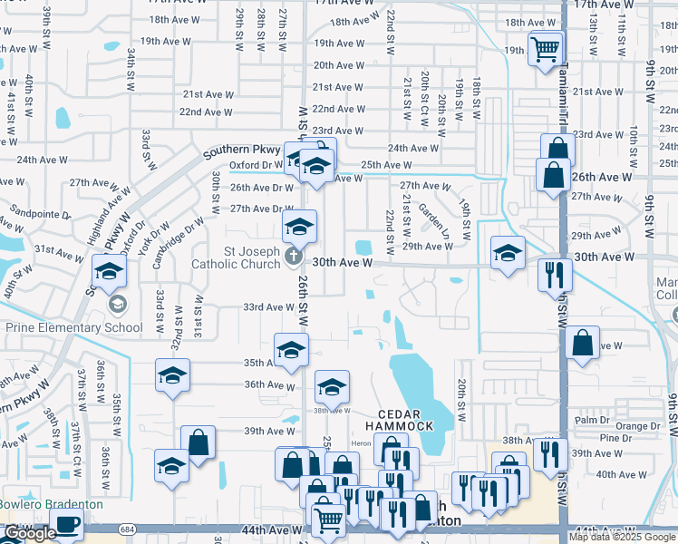 map of restaurants, bars, coffee shops, grocery stores, and more near 3119 24th Street West in Bradenton