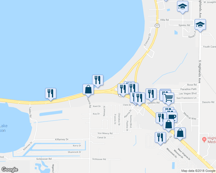 map of restaurants, bars, coffee shops, grocery stores, and more near 1001 Lakeview Drive in Sebring