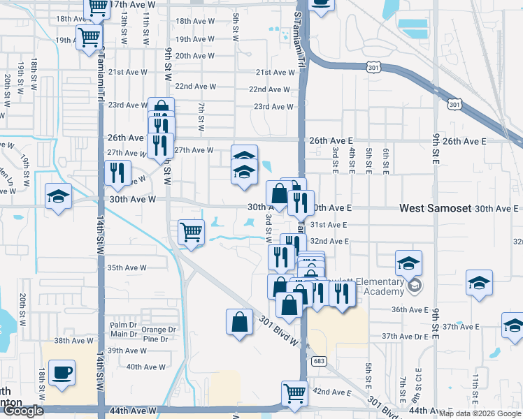 map of restaurants, bars, coffee shops, grocery stores, and more near 400 30th Avenue West in Bradenton