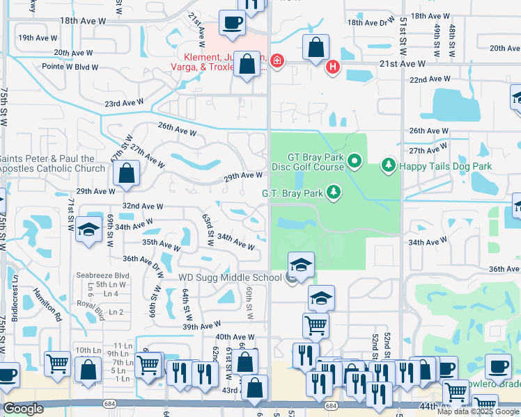 map of restaurants, bars, coffee shops, grocery stores, and more near 2922 60th Street West in Bradenton