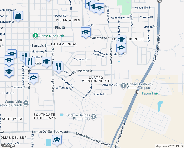 map of restaurants, bars, coffee shops, grocery stores, and more near 3522 Cuatro Vientos Drive in Laredo