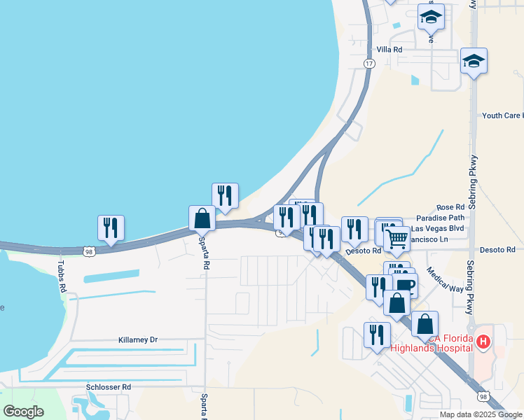 map of restaurants, bars, coffee shops, grocery stores, and more near 1015 Lakeview Drive in Sebring