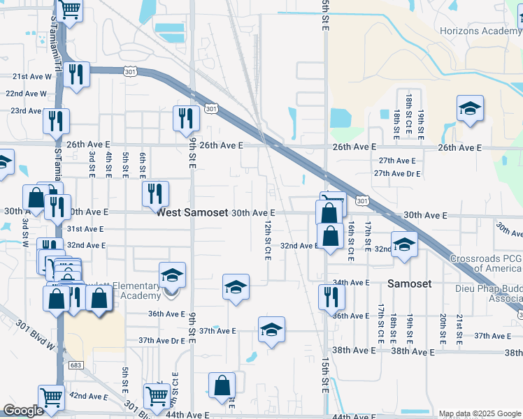 map of restaurants, bars, coffee shops, grocery stores, and more near 2908 11th Street Court East in Bradenton