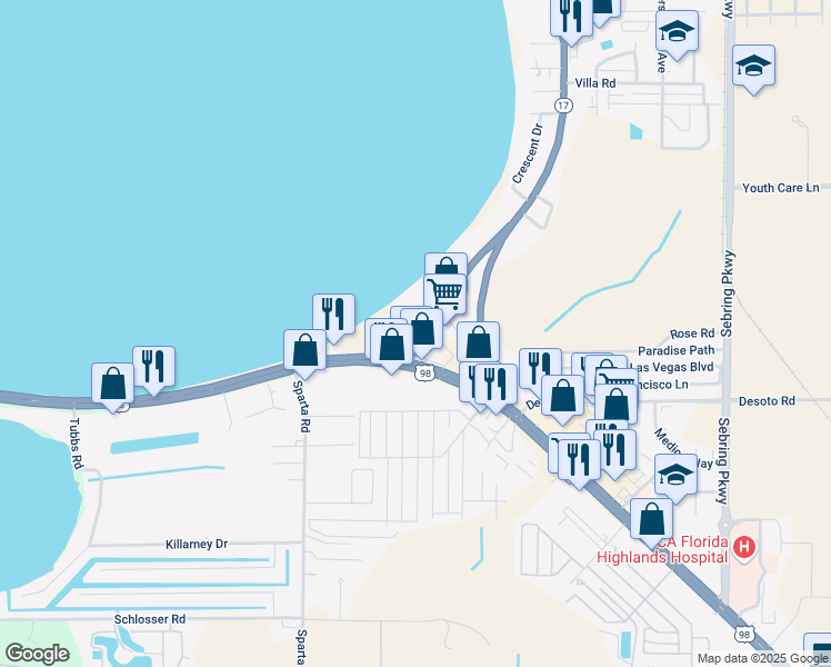 map of restaurants, bars, coffee shops, grocery stores, and more near 2119 SE Lakeview Dr in Sebring