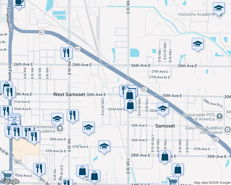 map of restaurants, bars, coffee shops, grocery stores, and more near 1324 29th Avenue East in Bradenton