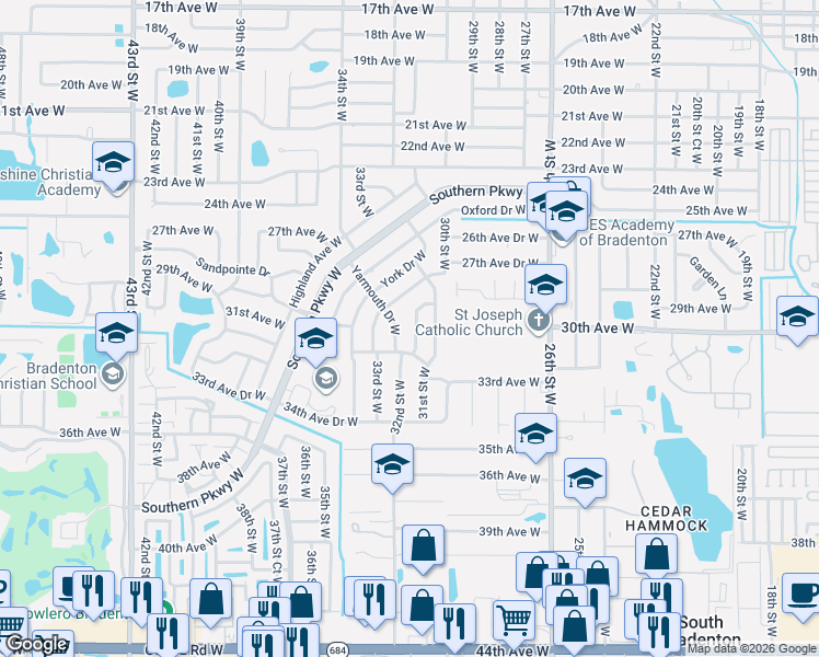map of restaurants, bars, coffee shops, grocery stores, and more near 2914 Norwich Drive West in Bradenton