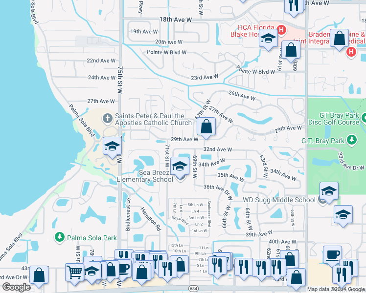 map of restaurants, bars, coffee shops, grocery stores, and more near 6918 32nd Avenue West in Bradenton