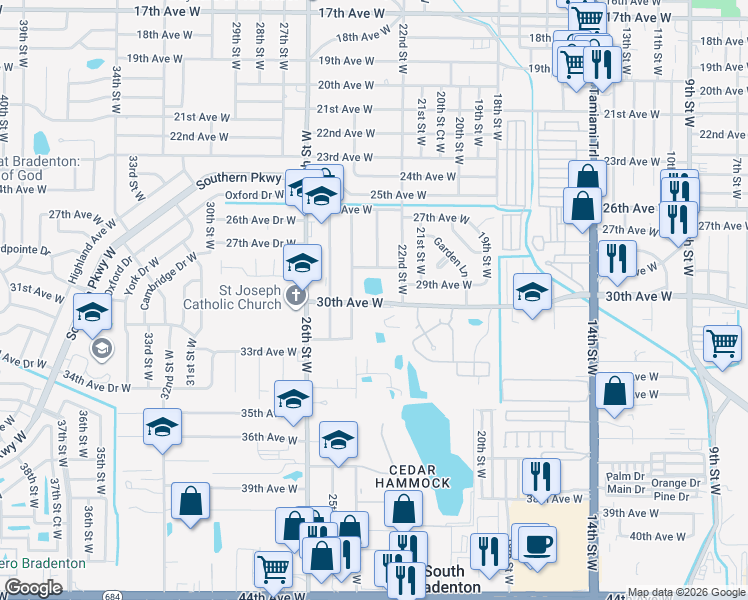 map of restaurants, bars, coffee shops, grocery stores, and more near 2919 24th Street West in Bradenton