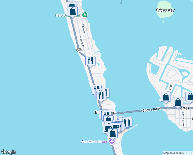 map of restaurants, bars, coffee shops, grocery stores, and more near 1501 Gulf Drive North in Bradenton Beach