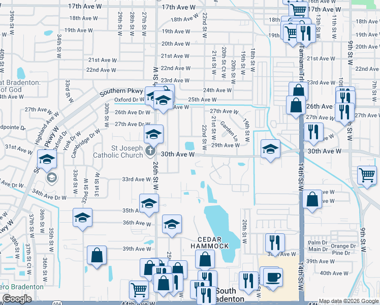 map of restaurants, bars, coffee shops, grocery stores, and more near 2919 24th Street West in Bradenton