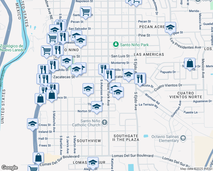 map of restaurants, bars, coffee shops, grocery stores, and more near 2819 Chacota Street in Laredo