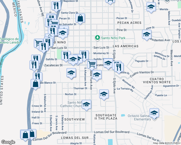 map of restaurants, bars, coffee shops, grocery stores, and more near 2819 Chacota Street in Laredo