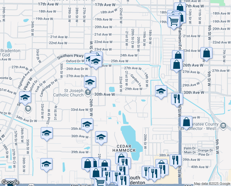 map of restaurants, bars, coffee shops, grocery stores, and more near 2920 22nd Street West in Bradenton