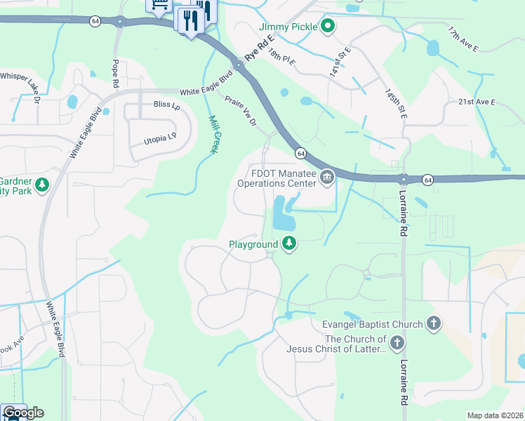 map of restaurants, bars, coffee shops, grocery stores, and more near 13608 American Prairie Place in Bradenton