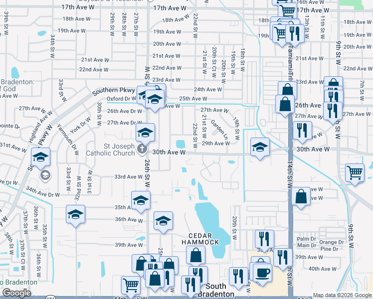 map of restaurants, bars, coffee shops, grocery stores, and more near 2920 22nd Street West in Bradenton