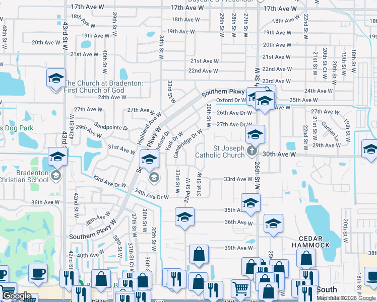 map of restaurants, bars, coffee shops, grocery stores, and more near 2914 Norwich Drive West in Bradenton