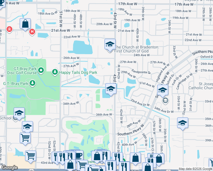 map of restaurants, bars, coffee shops, grocery stores, and more near 4414 Park Lake Terrace South in Bradenton